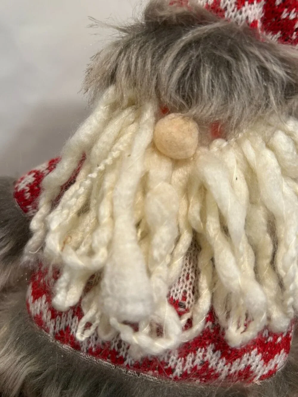 Christmas Holiday Gnome with knit cap and sweater, faux fur trim and yarn beard